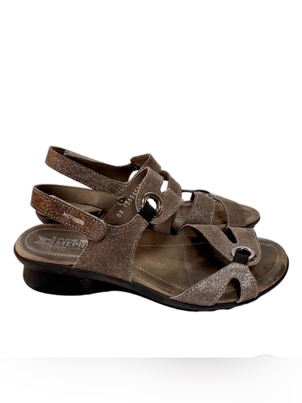 Mephisto Women's Sparkly Gray Brown Stappy Sandals with Decorative Rings